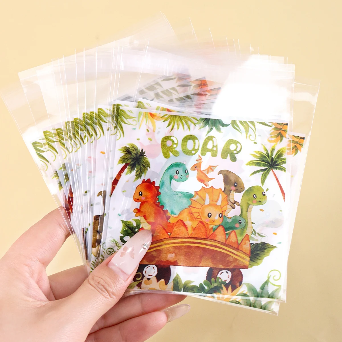 50/100 Stück Dschungel-Dinosaurier Geschenktüten mit Siegelverschluss, Dino-Zellophan-Beutel für Erste-Geburtstags-Party-Dekoration – Detail 4