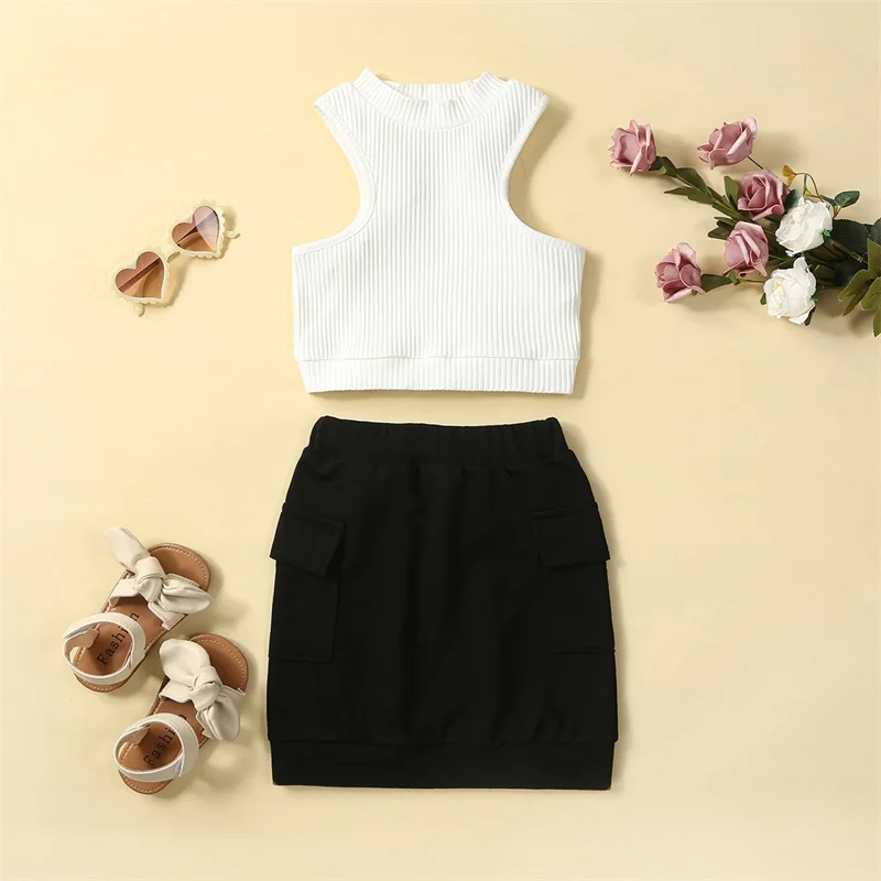 

Summer Kids Clothes Girl Two Piece Outfit Solid Color Sleeveless Ribbed Tank Tops and Elastic Skirt Set for Children's Clothing