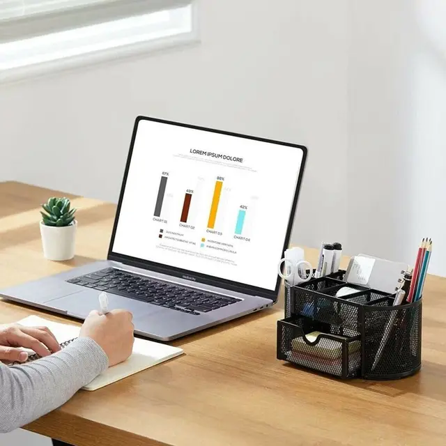 Organizer Girevole Per Scrivania Con 2 Portapenne Rotanti E 3 Cassetti - Portaoggetti Multifunzione 360° Per Ufficio, Casa E Scuola (Bianco) - Foto 5