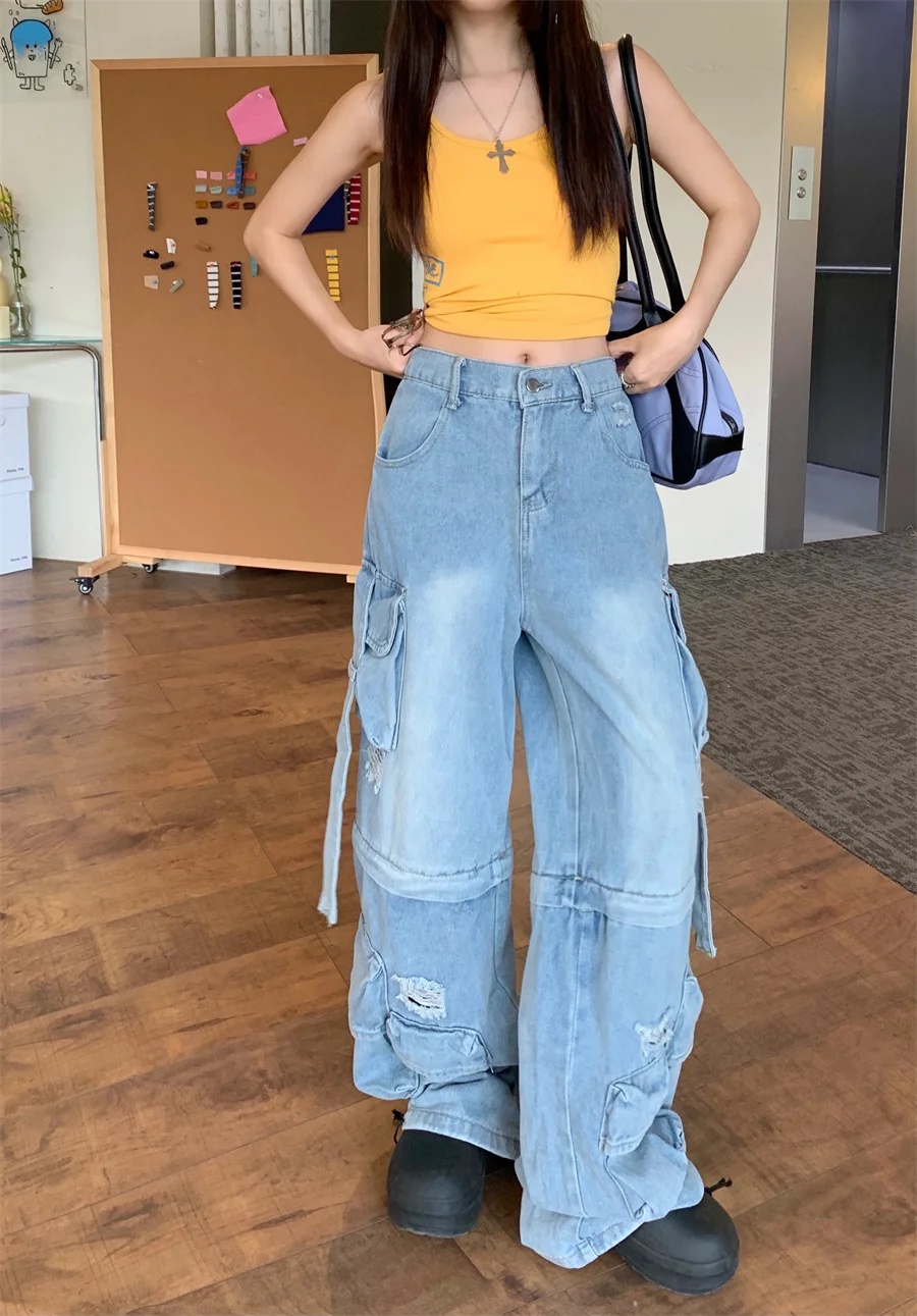 

Slergiri Heavy industry ripped cargo pants women loose pockets high street american casual high waisted y2k baggy jeans