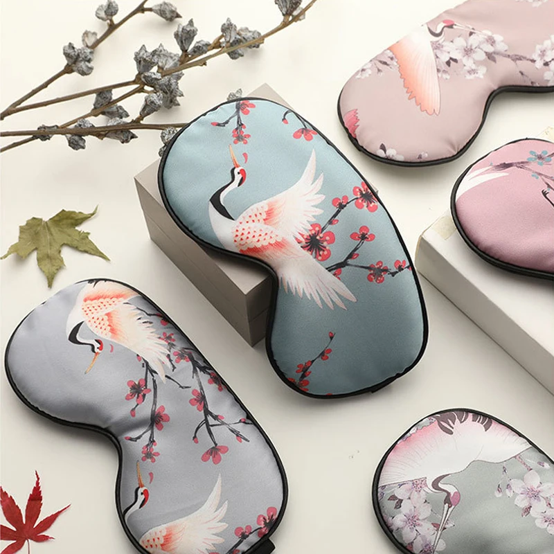 Imitato Silk Sleeping Eye Mask Cover Per Donna Uomo Printed Crane Eyepatch Blindfold Sleep Mask Night Travel Nap Relax Eye Patch
