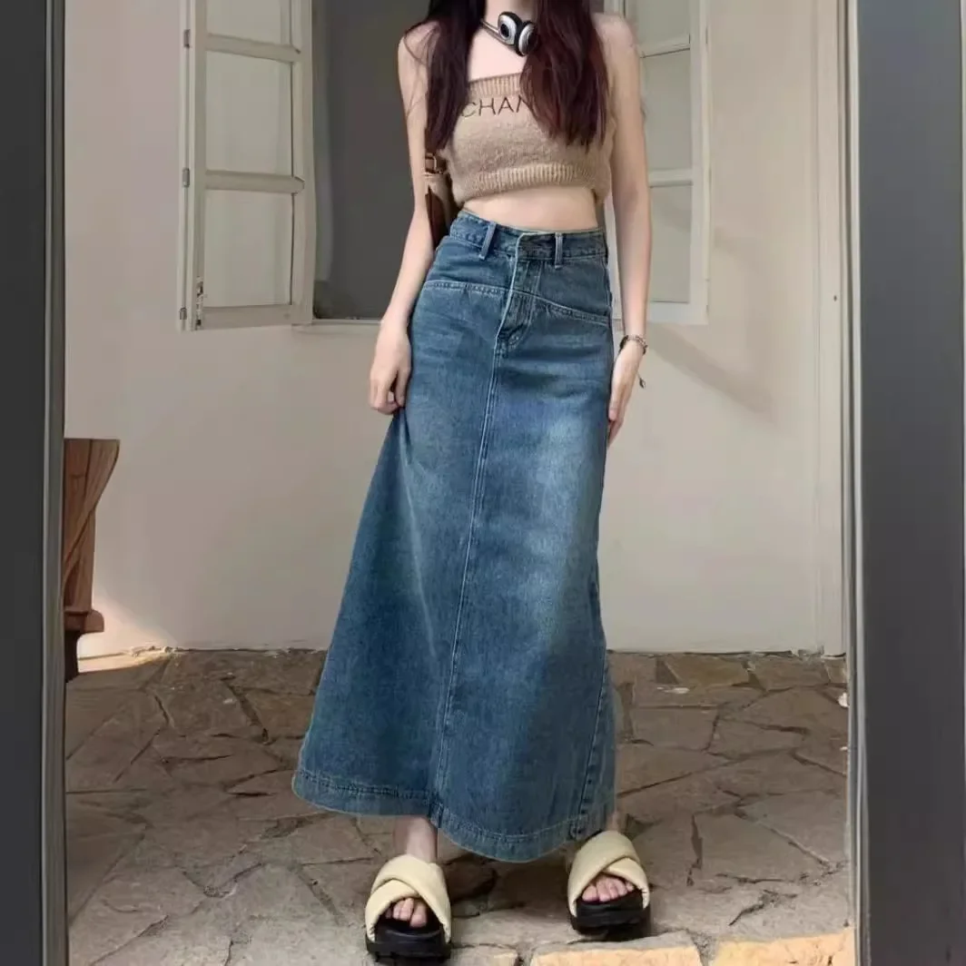 Livesso Women's Regular Waist Dark-Color Fringe Patchwork Maxi Denim A-Line Skirt | ChicGrl