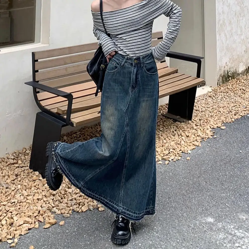 

Women Skirt Retro Denim Maxi Skirt with A-line Silhouette High Waist Ripped Edge Women's Ankle Length Solid Color Patchwork
