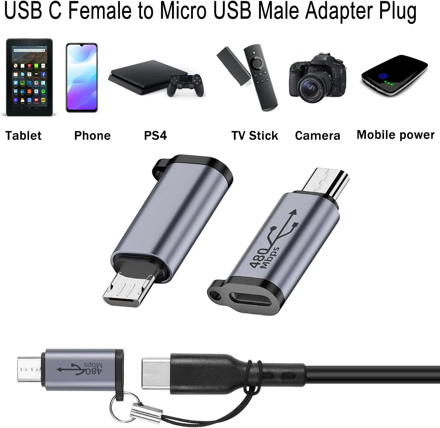 마이크로 USB 수-USB C 암 충전 데이터 커넥터, 480Mbps USB 2.0 플러그-USB C 잭 어댑터, MP3 용, 18W, 1 개