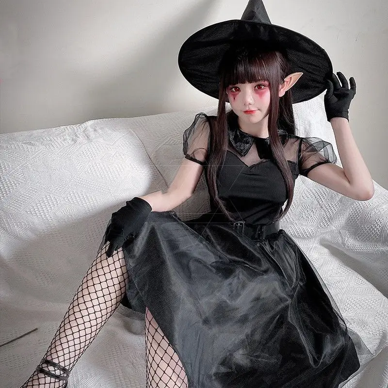 

Black Wizard Witch Dress Halloween Little Devil Witch Dress Ghost Bride Party Adult Female Y2k Goth Midi Lenght Cosplay Dress