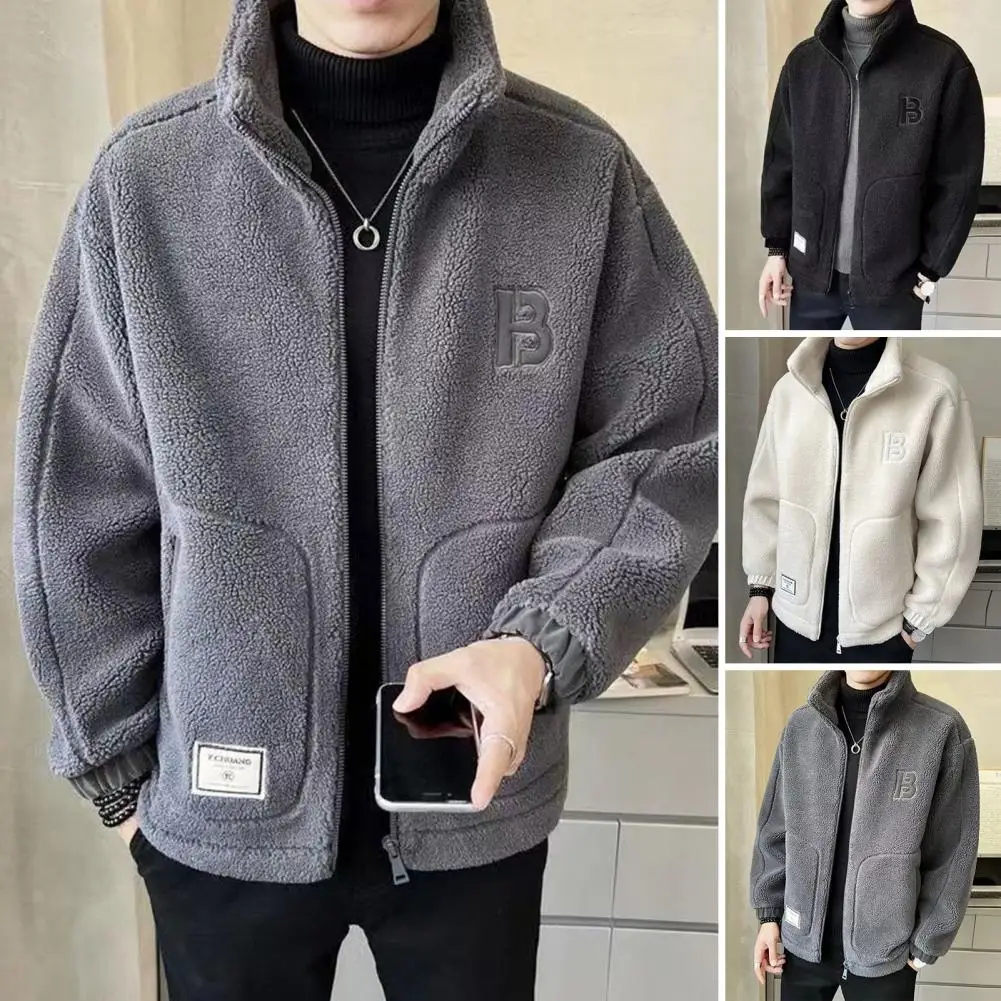 

Men Jacket Lapel Collar Velvet-lined Men Cardigan Jacket Thickened With Side Pocket Full Zipper Closure Streetwear Clothes