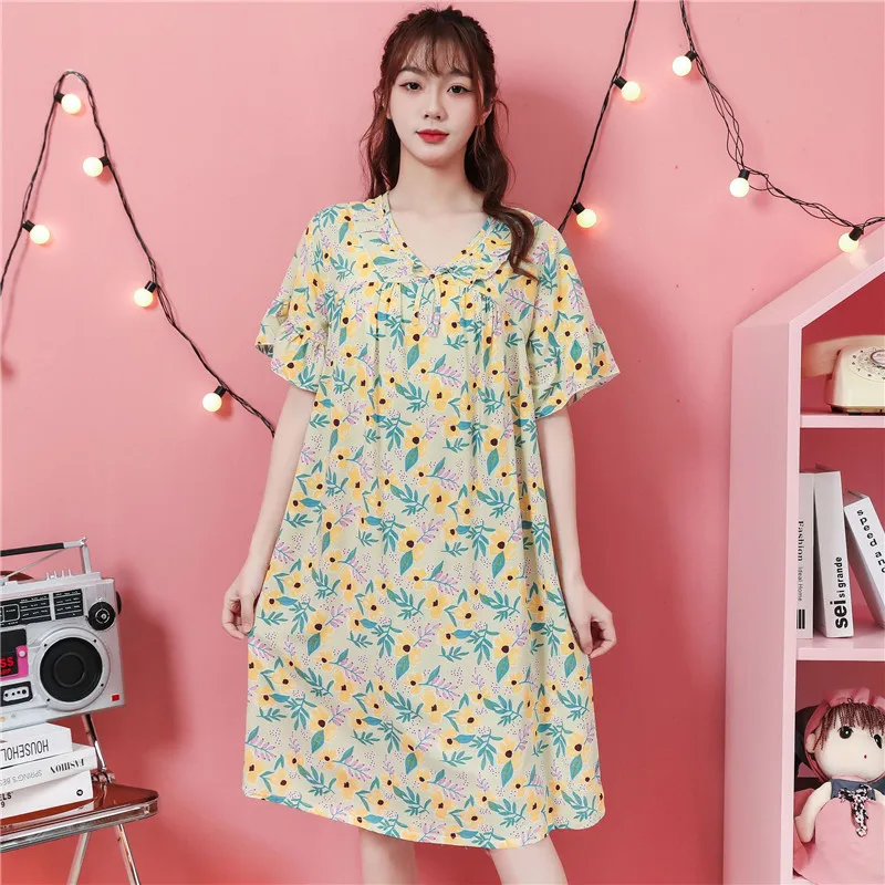 Loose Comfortable Sleepwear Cotton Rayon Night Dress Women New Casual Printed Nightgowns Female Summer Home Wear Nightshirt