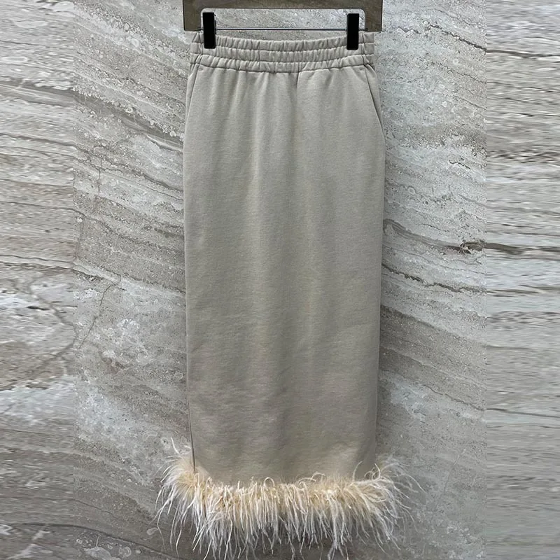 

Elegant High Quality Cotton Hip Wrap Skirt Temperament Detachable Ostrich Feather Skirt Casual Solid Color Slim Long Skirts 23