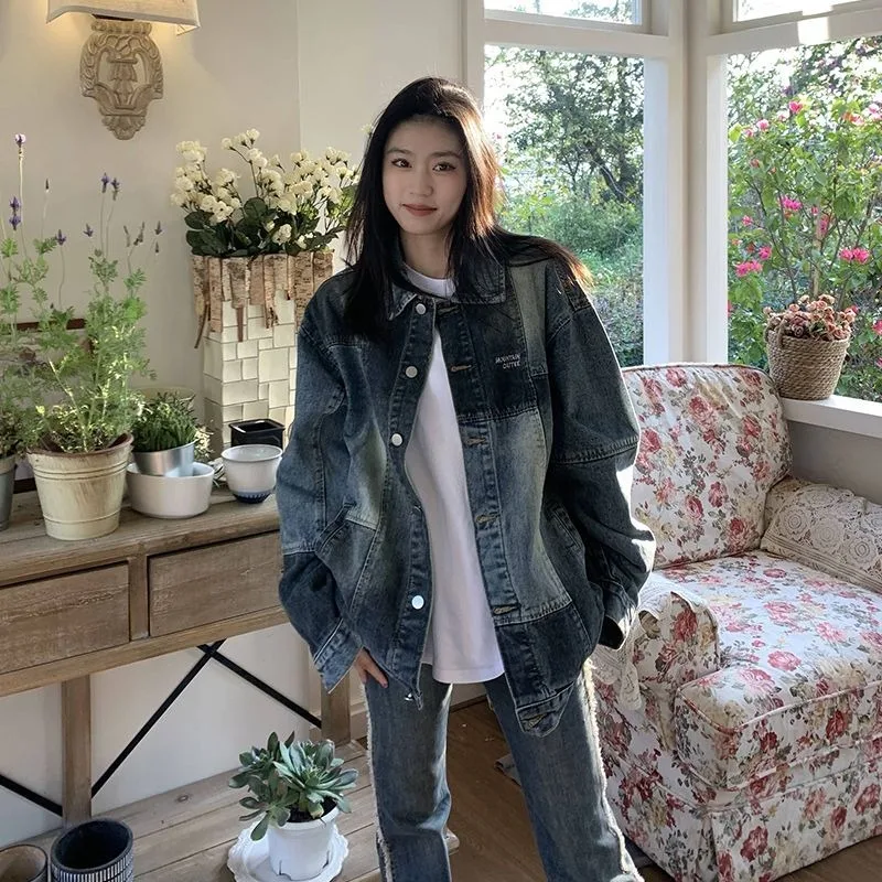 2024 Early Spring New Retro Blue Patchwork Denim Jacket Women's Loose Niche Overcoat Square Neck Long Sleeved Outwear Niche Tops