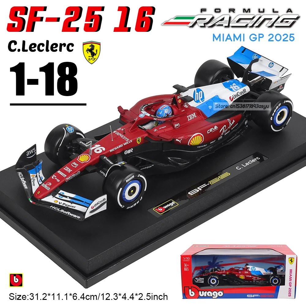 Bburago 1:18 2025 F1 Ferrari Miami Malowana wersja SF25 # 16 Charles Leclerc # 44 Lewis Hamilton symulowany model samochodu ze stopu, odlewany model zabawki