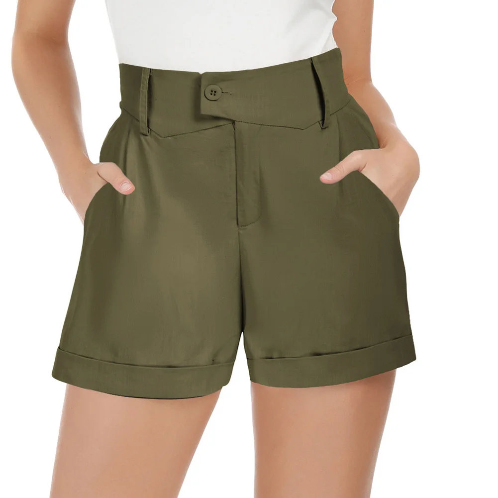 BP Women High Waist Shorts With Pockets Fold-up Leg Opening Cotton Short Pants Zip-up Causal Office Lady Daily Pants Streetwear