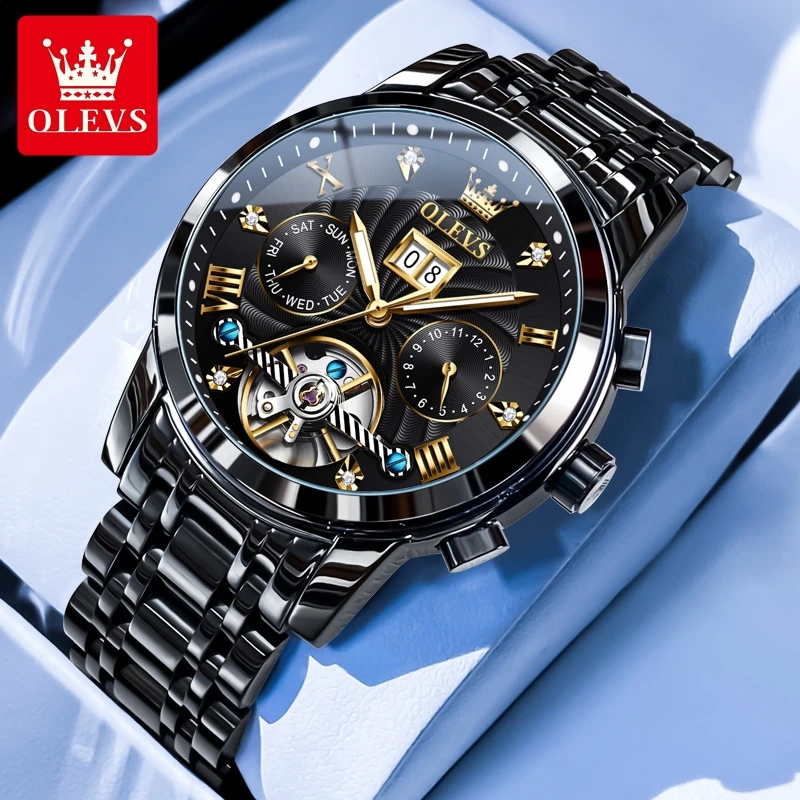ตัวเลือกสินค้า OLEVS 9910 Mens นาฬิกาแบรนด์หรูกันน้ําส่องสว่างอัตโนมัตินาฬิกา Dual ปฏิทินนาฬิกากล่อง Reloj