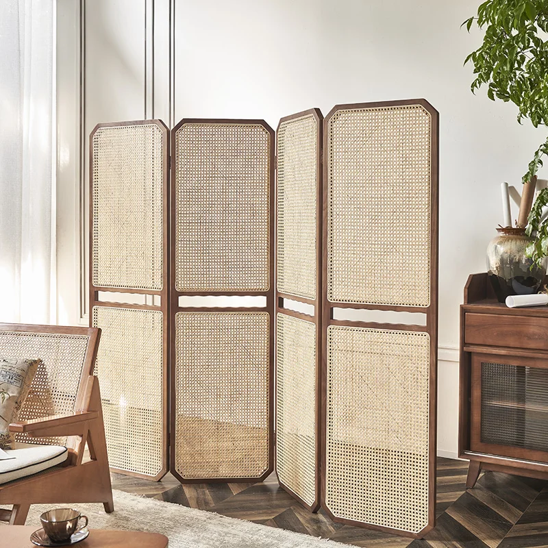 

Solid wood screen movable folding rattan partition porch shielding new Chinese door decoration folding screen