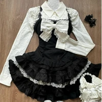 Y2k Aesthetic Lolita Style 3 Piece Set Women Kawaii White Shirt Bow Lace Vest Ruffle Mini Skirts Japan Fashion Gothic Skirt Suit 1
