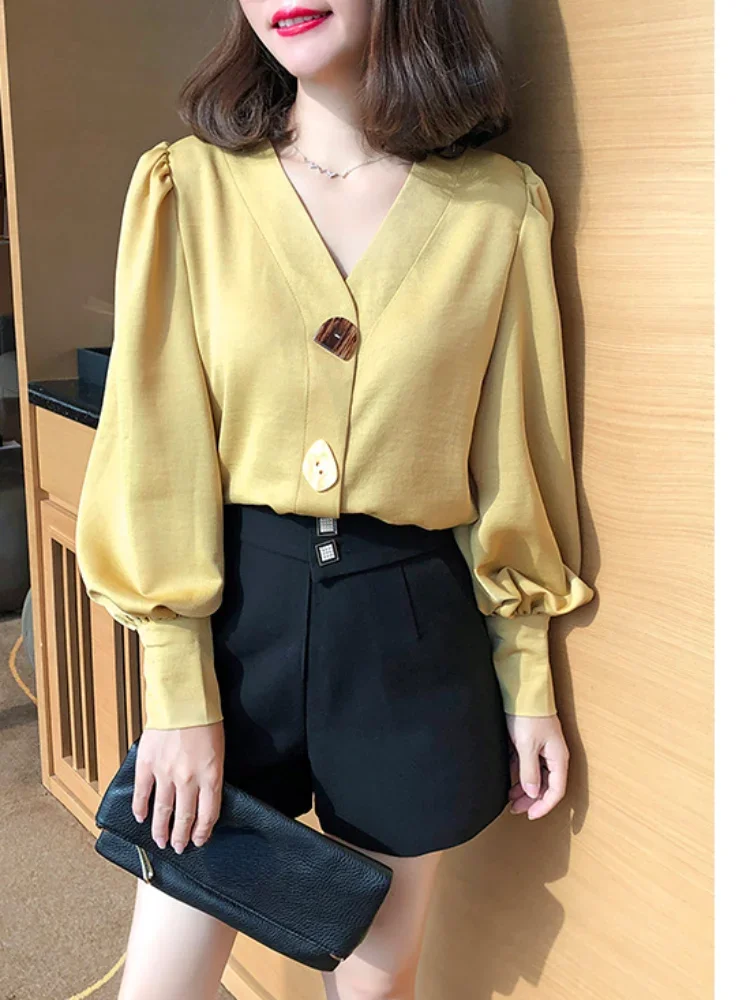 

2023 Blusas Mujer De Moda Slim Lantern Sleeve Shirts Y2k Fashion Elegant V Neck Tops Korean Party Single Breasted Blouses