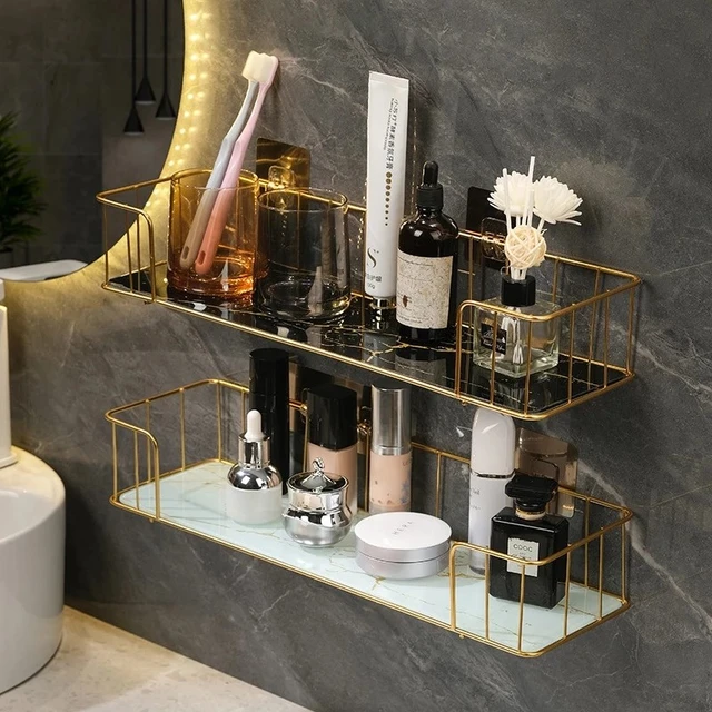 VILOYI Shower Shelf Thickened Space Aluminum Bathroom Shelves Black Gold  Self Adhesive Wall Mounted Square Shampoo Storage Racks