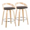 Grotto 26" Contemporary Fixed-Height Counter Stool with Swivel in Natural Wood and Brown Faux Leather with Round Chrome Metal Fo 1