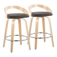 Grotto 26" Contemporary Fixed-Height Counter Stool with Swivel in Natural Wood and Brown Faux Leather with Round Chrome Metal Fo 1