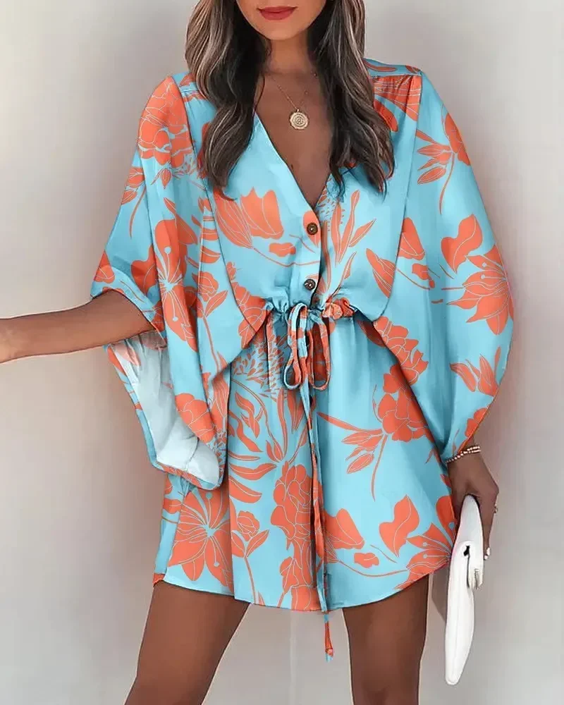 2023 Summer New Fashion Sexy V-neck Print Beach Party Mini Dress Women's Elegant Lace up Waist Relaxed Loose fitting Clothing