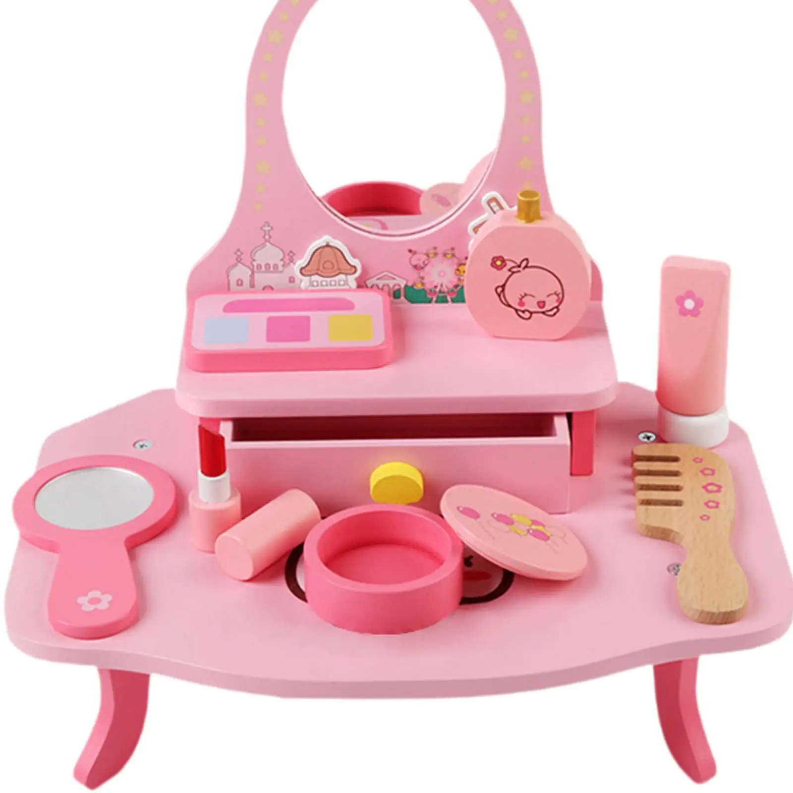 Kids Makeup Kits Role Play Games Beauty Salon Play Set Wooden Dressing Table Playset Pretend Makeup Kits for Girls Children