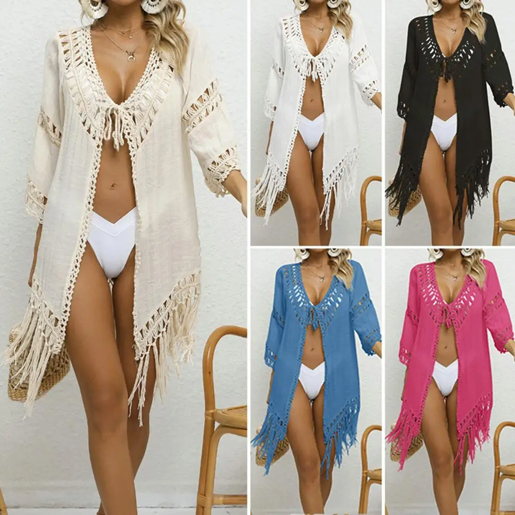 

Chic Cardigan Style Beach Cover Up Stylish Crochet Knitted Beach Cover Ups for Women Sexy V-neck Lace-up Swimsuit Cardigan