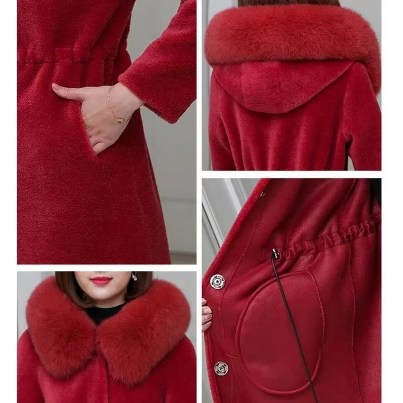 Winter New 2023 Women Faux Fox Fur Collar Fur Coat Mid-Length Lamb Wool Hooded Outwear Female Fashion Thicken Warm Casual Parkas