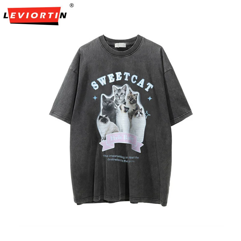 

Винтажная Мужская футболка в стиле хип-хоп, ретро, футболка с милым принтом кошки и графическим принтом, модная повседневная хлопковая свободная футболка в стиле Харадзюку, красный топ, 2024