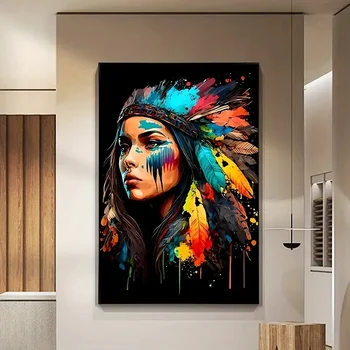 Arte su tela Poster Ragazza nativa americana Tela Wall Art Painting Guerriero indiano Donna Stampa Poster Soggiorno Corridoio Decor
