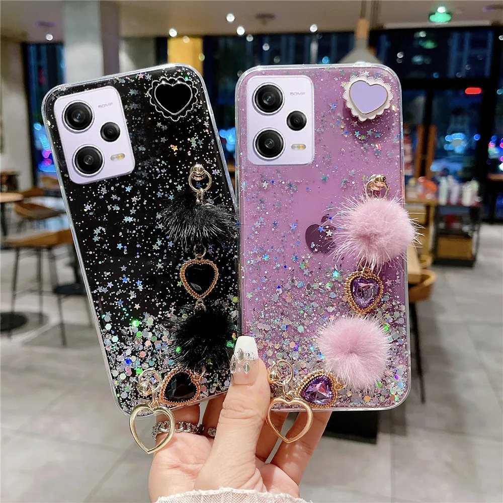 Redmi 13C Custodia Glitter Love Heart Custodia Per Telefono Con Bracciale In Peluche Per Xiaomi Redmi Note 12 13 Pro 12 12C A1 12T 13 Lite Poco X5 Cov