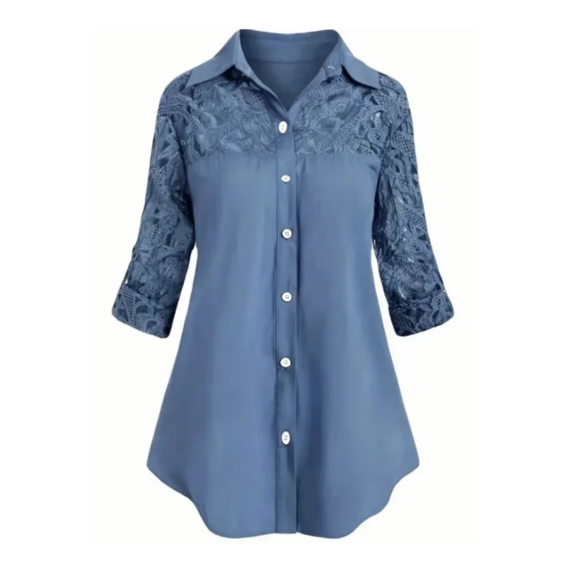 Women Casual Ladies Solid Color Turn-down Collar Lapel Long Sleeve Lace Stitching Hollow out Top Shirts DF5001