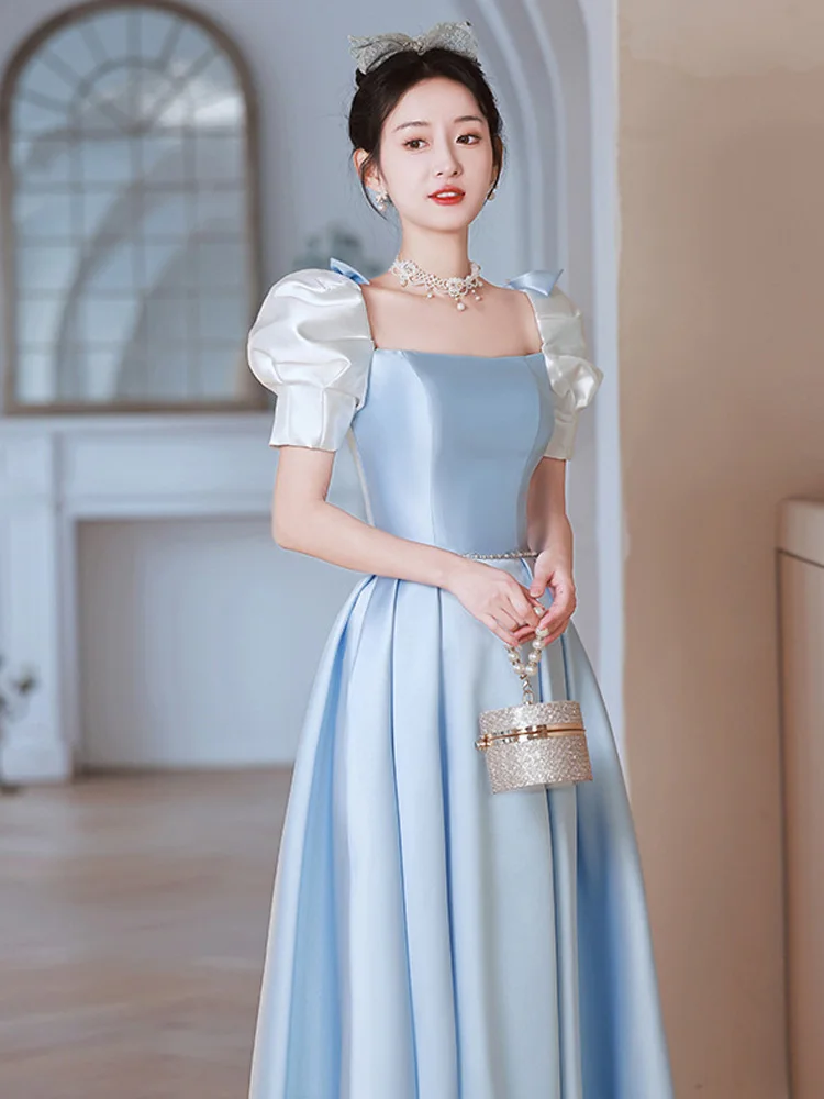 

Elegant Satin Evening Dresses Women's Puff Short Sleeve A-Line Banquet Gowns New Exquisite Lace Up Celebrity Dress