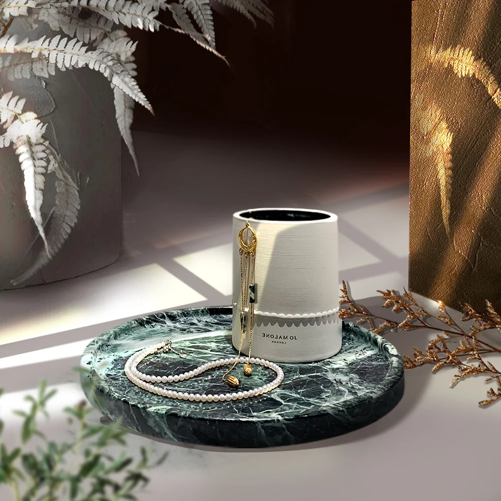 Natural Marble Decorative Tray 9.4 Inch Vanity Bathroom Bedroom Kitchen Jewelry Tray Organizer (24cm *24cm*1.4cm)