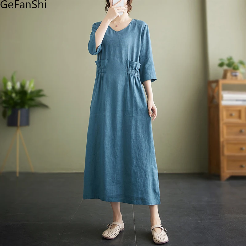 

2024 Summer Vintage V-Neck Half Sleeve Beach Brief Dresses Women Fashion Loose Casual Dress Robe Ladies Elegant Clothing
