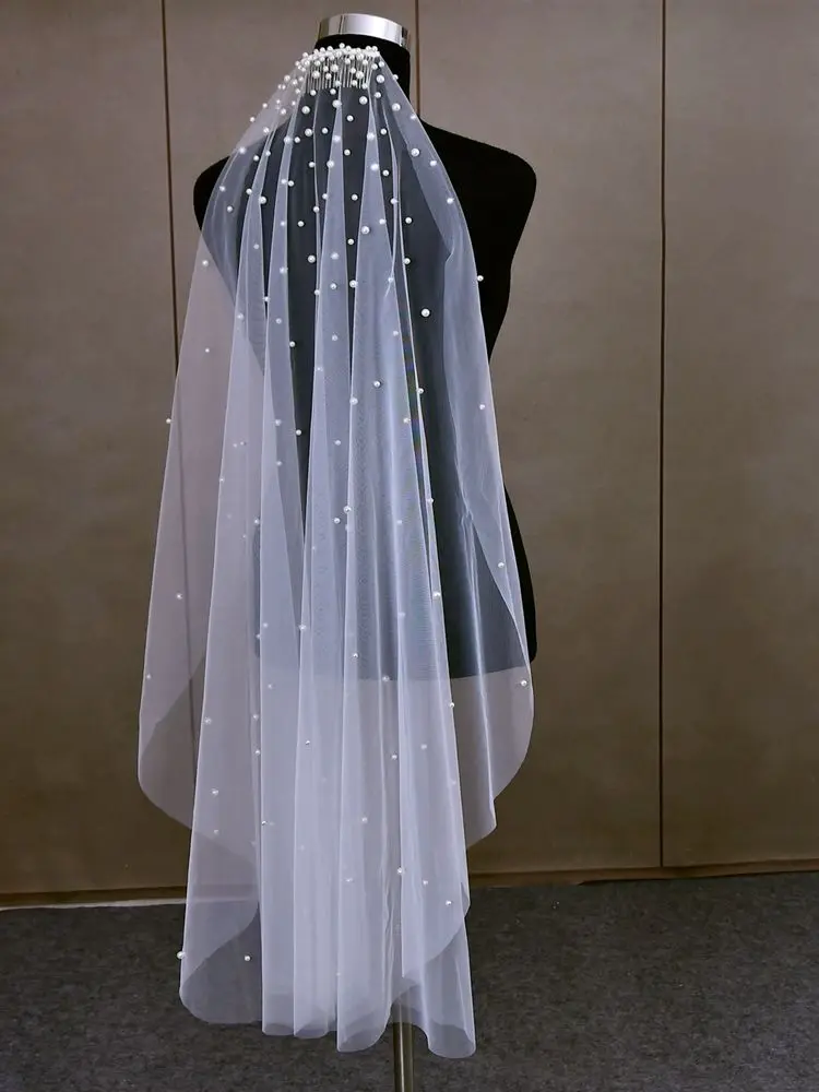 Bridal Veil Elegant Pearls 1 Tier Beaded Wedding Veil For Bride Simple Cathedral Length With Comb v180