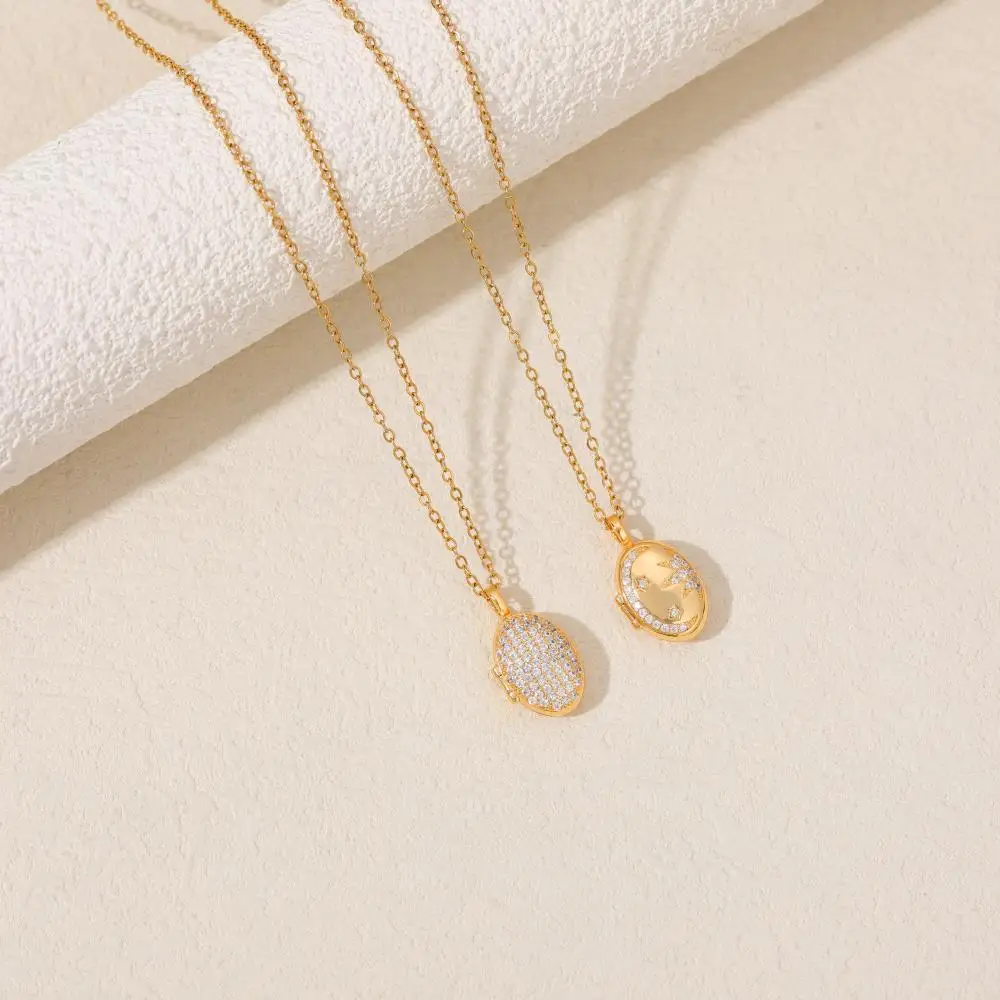 Elliptical Inlaid Zircon Photo Frame Album Pendant Necklace Openable Star Shiny Crystal Gold Color Metal Chain Choker Jewelry