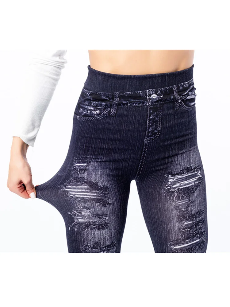 YGYEEG Women Imitation Denim Jeans Leggings Casual High Waist Slim Elastic Pencil Pants Sport Push Up Hole Print Soft Trousers yoga leggings