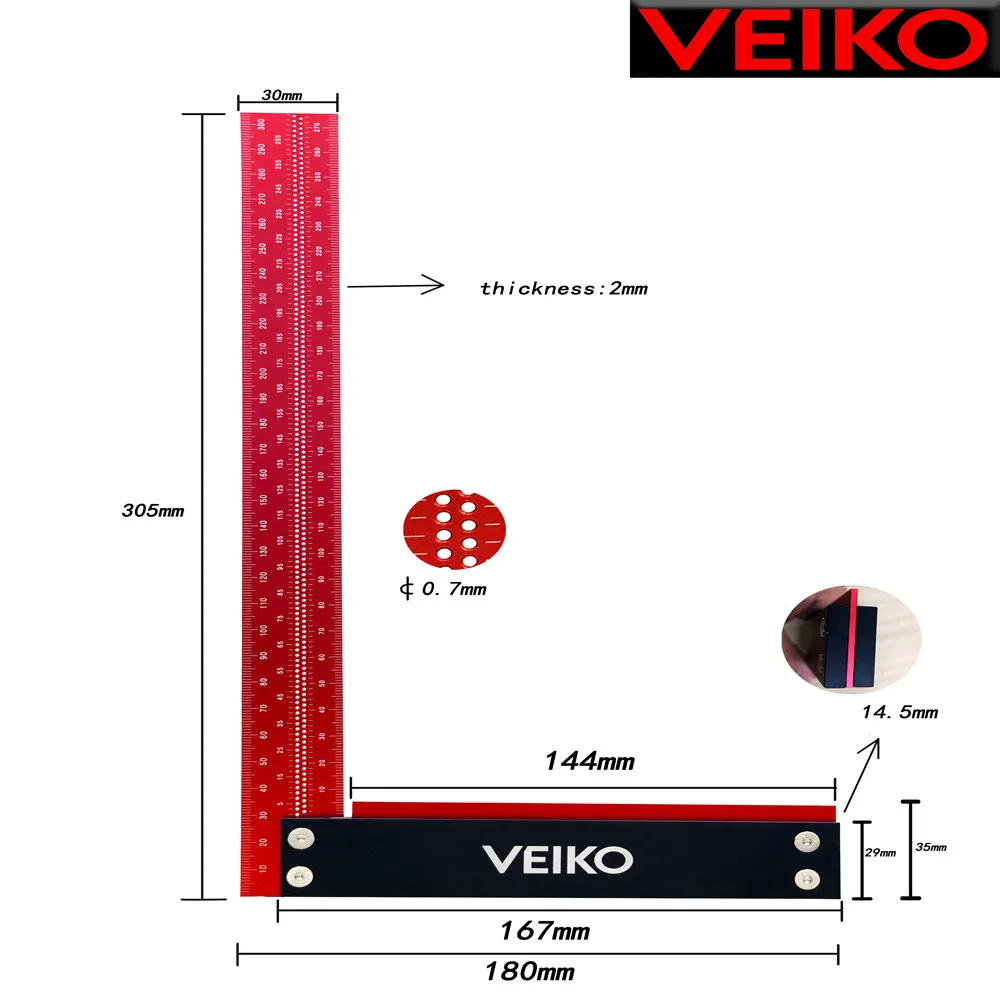 VEIKO-LS Woodworking 90 Degree 300mm 12 inch Precision L Square Measurement Ruler for Measuring and Marking Woodworking