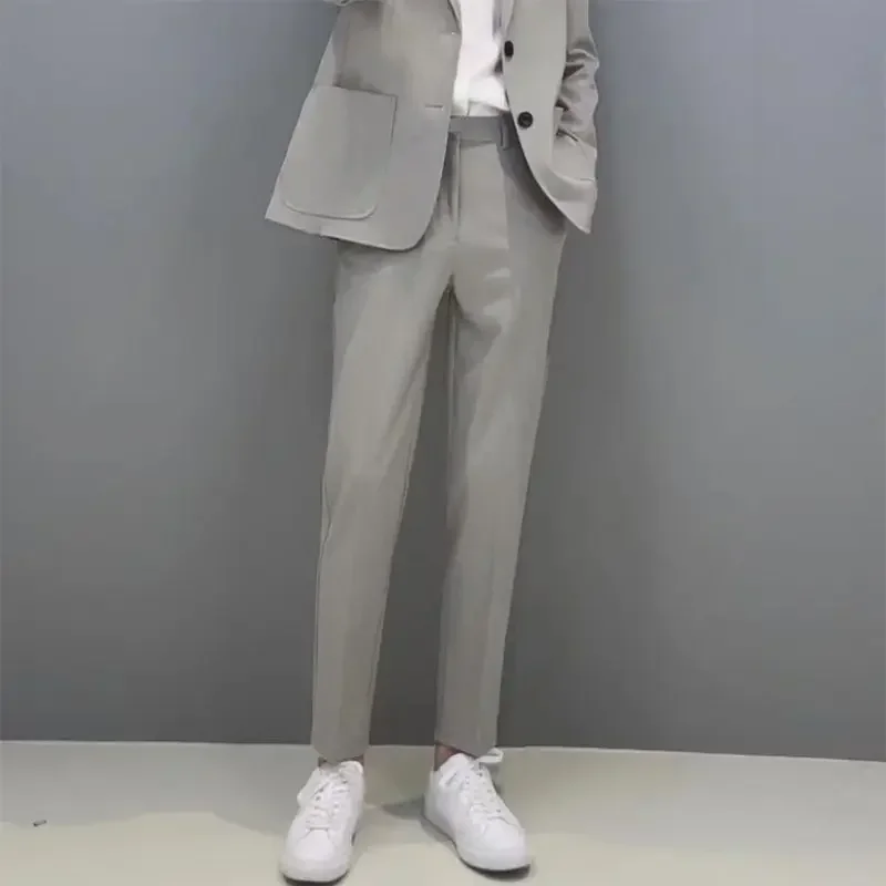 thumbnail image 1 of 9 Pantalones de traje masculino recortados con trenzas, pantalones de verano negros ajustados para hombre, nueva oferta de ropa, elegante formal 2024, estilo coreano, 1 of 5