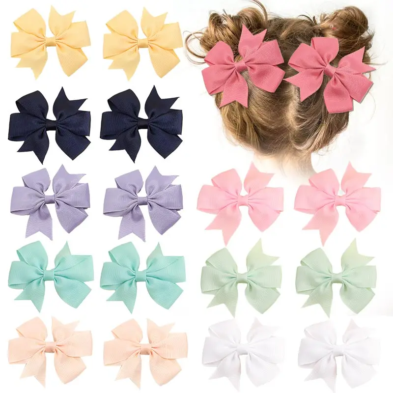 ncmama 2Pcs/set 3inch Solid Hair Bows Clip For Baby Girl Cute Grosgrain Ribbon Hairpins Barrettes Kids Headwear Hair Accessories 30pc lot 3inch heart kiss print bow hair clips chidlren grosgrain ribbon bow hairpins girls barrettes valentine s day headwear