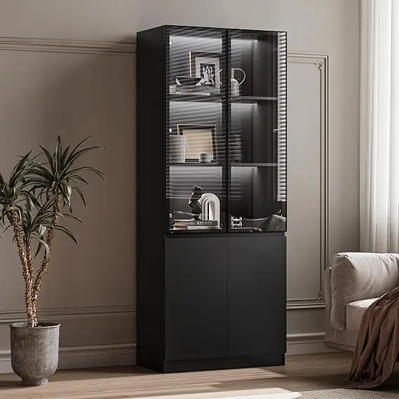 Glass Doors & Lights, Curio with 2 Shelves, Glass Display Cabinet for Living Room, Home Office, Black