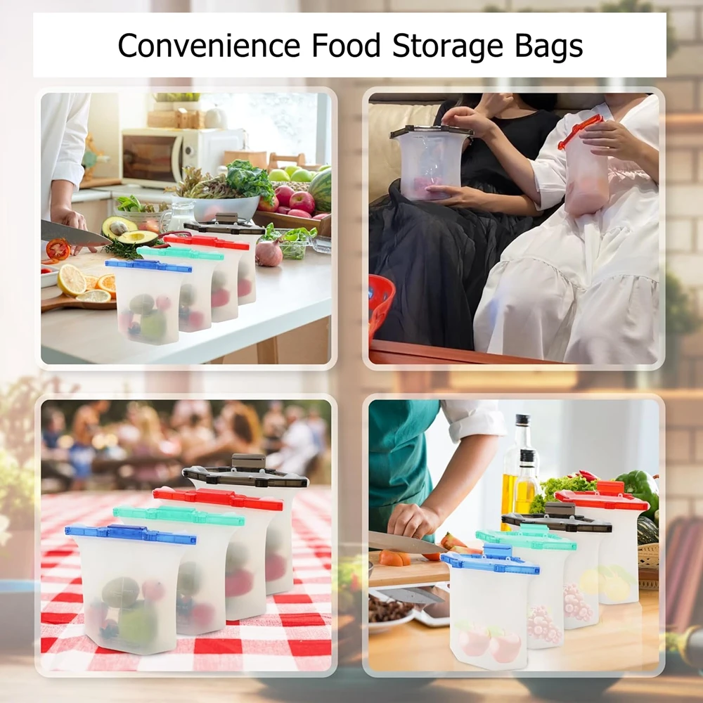 Silicone Storage Bag 30oz Microwave & Freezer Safe Airtight Food Storage Box Reusable Bags Leak Proof Multi Colors 1000 ml