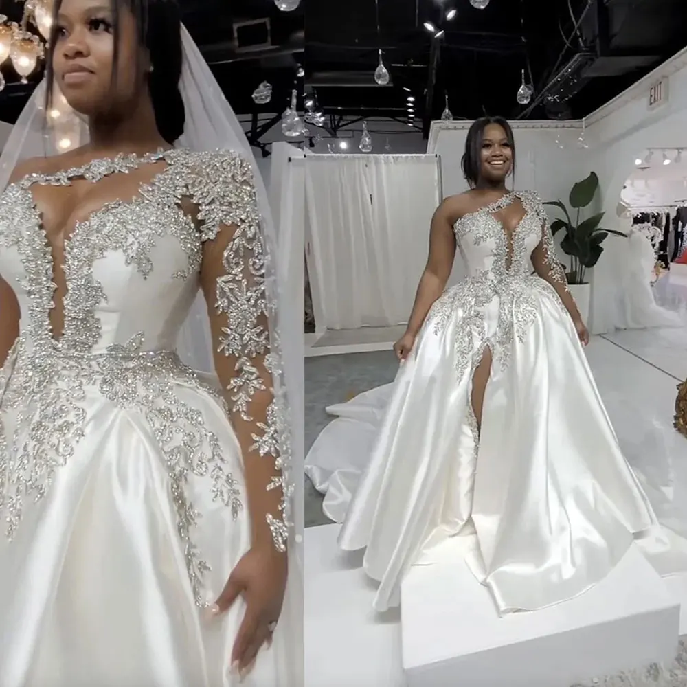 

Арабское белое блестящее свадебное платье с V-образным вырезом для черных девушек 2024 облегающее кружевное бальное платье на одно плечо