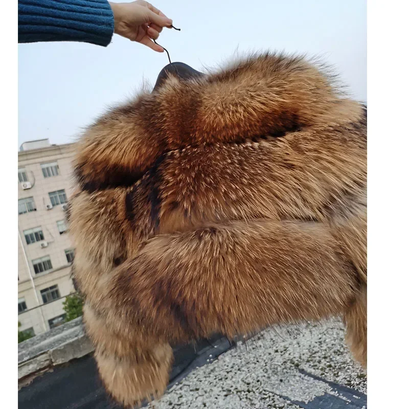 Maomaokong Real Fur Coat Women Natural Raccoon Fur Jacket Female Winter Warm Fox Fur Coat High Quality Long Sleeve With Hat