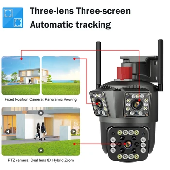 HD 8MP PTZ WiFi 4K Camera 6K 12MP Three Screens 8X Zoom Security Protection Motion Human Detection Outdoor IP CCTV Survalance