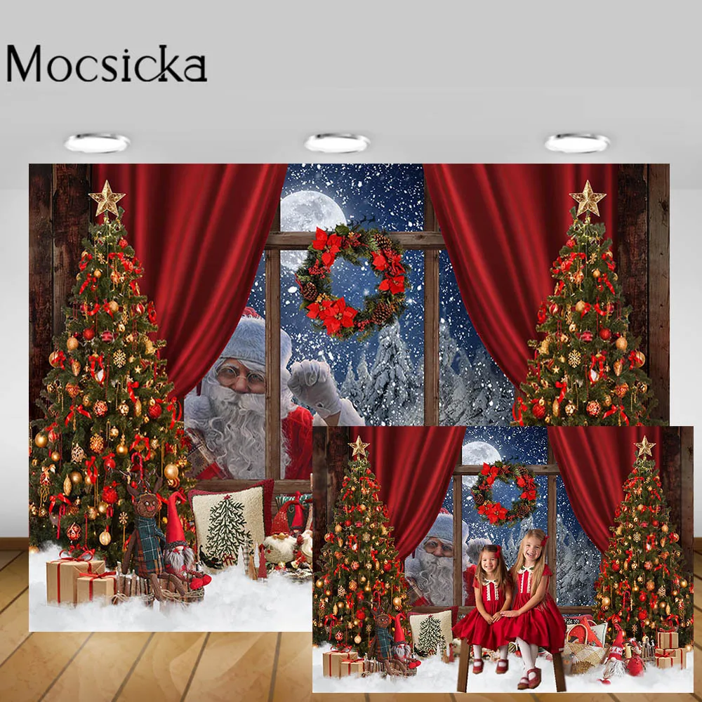 Mocsicka Cenário de Natal Papai Noel Atrás da Janela Floresta de Neve Árvore de Natal Fotografia Criança Estúdio de Fotografia Decoração de Fundo
