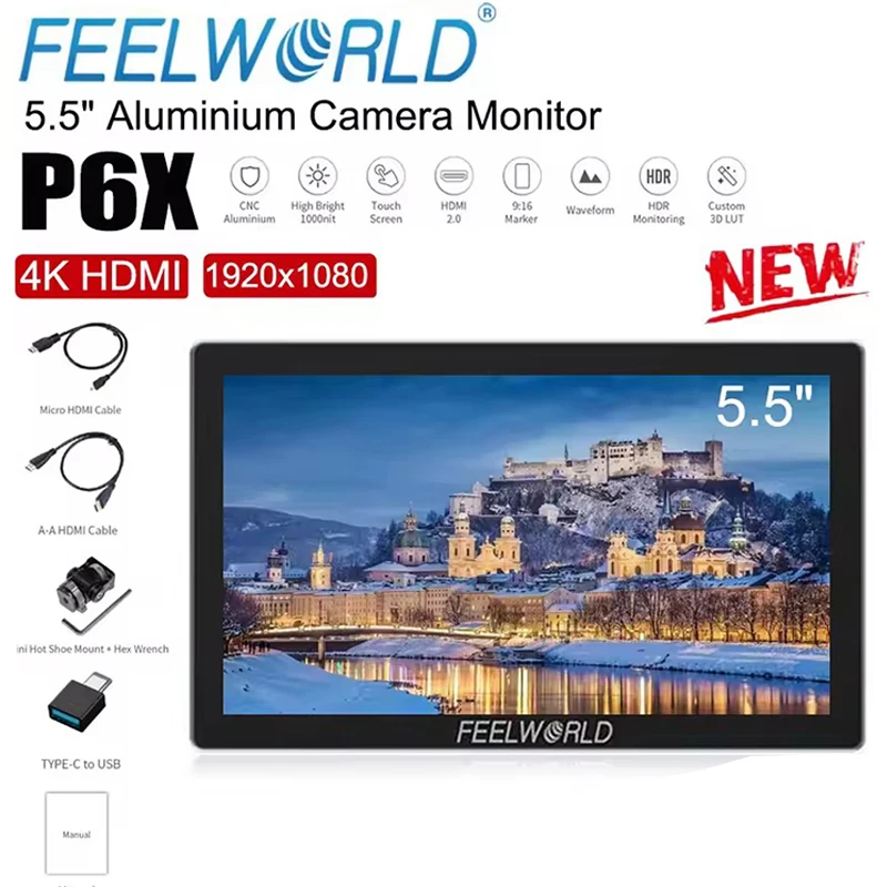 FEELWORLD P6X 5.5 Inch Aluminium Field Monitor Touch Screen 4K HDMI Highlight 1000nit FHD IPS Video Assist for DSLR Camera