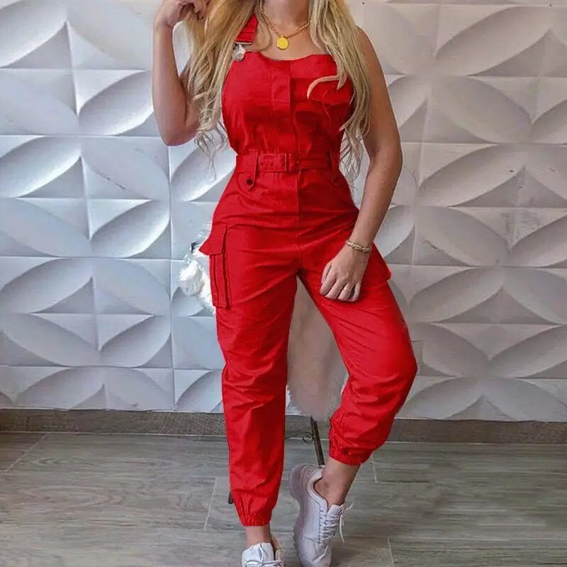 2023 Yellow Jumpsuits Women Casual Cargo Playsuit Sleeveless O Neck Jumpsuit With Pocket Belt Elegant Pencil Pants Slim Overalls