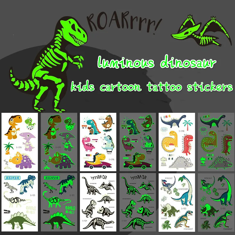 

Luminous Dinosaur Kids Tattoo Stickers Cartoon Fun Glowing Stickers Temporary on Face Arm Leg for Child Body Art Decoration New