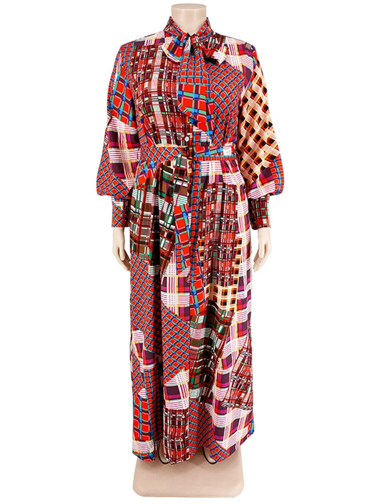 Wmstar Plus Size Women Clothing Fall Dresses with Belt Loose Vintage Long Sleeve Print Big Hem Long Dress Wholesale Dropshipping