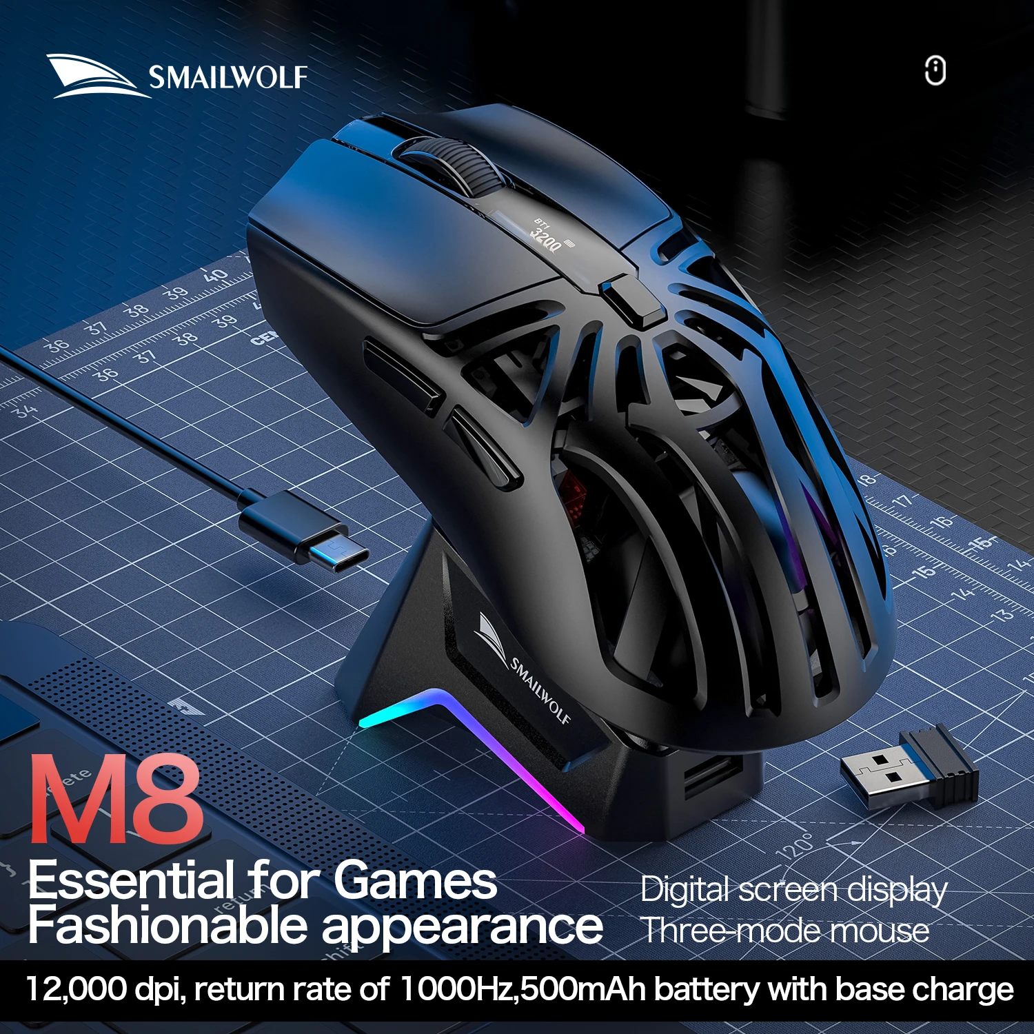 Mouse sem fio Bluetooth SMAILWOLF M8, mouse para jogos e-sports com base de carregamento RGB de três modos, escritório de jogos leve PAW3311 foto 2